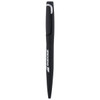 A black metal pen with a smooth body, featuring a clip and a logo.