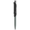 A sleek grey metal pen with a black clip and a logo on the side, ideal for writing.