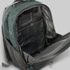A dark green backpack with a large opening, featuring multiple pockets and compartments inside. It has a logo.