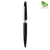 A black metal ball pen with a twist mechanism and a stylus tip, featuring a silver clip and branding.