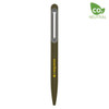 A metal pen in olive green with a sleek design and a logo on the body.