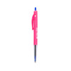 A pink plastic pen with a blue ink tip and a clip. The pen features a logo on the barrel.