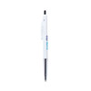 A white plastic pen with a black tip and a branding logo on the barrel.