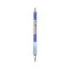 A blue plastic pen with a textured grip and a clip. It features a logo and has a smooth writing tip.