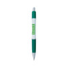 A green and white promotional pen featuring a logo and a click mechanism.