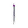 A metal pen in silver and purple, featuring a branding logo on the barrel.