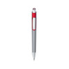 A silver metal pen with a red grip and trim, featuring a logo on its body.