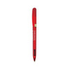 A red metal pen with a transparent barrel and a gold clip, featuring a logo on the body.
