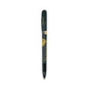 A green metal pen with a gold accents and branding, featuring a smooth design and a clip at the top.