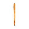 An orange metal pen with a silver clip and a branding logo on its side.