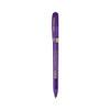 A purple metal pen with a transparent design and a gold clip, featuring a logo on the body.