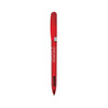 A red metal pen with a clear chrome grip and a clip, featuring branding on its body.