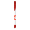 A plastic pen with a white body and red accents, featuring a logo.