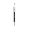 A metal pen with a black body and silver accents, featuring a logo on the side.