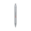 A silver metal pen featuring a logo, with a sleek design and a smooth click mechanism.