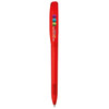 A red plastic pen with a clip and a logo on the side. The pen features a sleek, simple design.