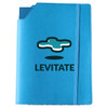 A turquoise leatherette notebook cover with an elastic band and a pocket, featuring a logo on the front.