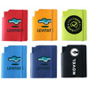 A collection of six leatherette notebooks in various colours: orange, green, blue, and black, each with a logo.