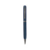 A metal twist pen in navy blue with a silver clip and accents. It features a branded logo.