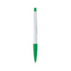 A plastic pen with a white body and green accents, featuring a logo.