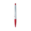 A silver plastic pen with a red tip and grip, featuring a logo on the body.