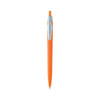 An orange plastic pen with a silver clip and a smooth design, featuring a logo on its barrel.
