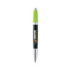 A black pen with a green twist top, featuring branding and a shiny silver tip.