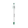 A curved pen in white with green accents, featuring a logo on its body.
