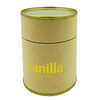 A small, cylindrical candle in a kraft paper container with a green lid, labelled "vanilla".