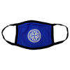A blue cotton face mask with a black trim and a circular decorative design in the centre.