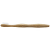 A bamboo toothbrush with a curved handle and soft white bristles, featuring a logo on the handle.