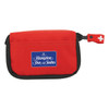 A red first aid travel kit with a zipper and a logo, containing 13 essential medical items.