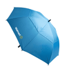 A blue umbrella with a logo, featuring a sleek design and a sturdy frame.
