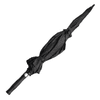 A black umbrella with a sleek handle and a closed, compact design. It features a logo on the handle.