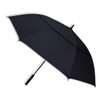 A black umbrella with a sleek design and a logo on the handle.