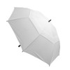A white umbrella with a black handle and features a logo.