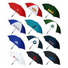 A collection of various umbrellas in multiple colours, featuring different logos and branding on the tops.