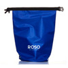 A blue 5L dry bag with a black strap and a logo on the front.