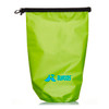 A bright green 10L dry bag with a black top and a logo on the front.