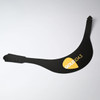 A black sun visor featuring a logo, designed to shield from sunlight.