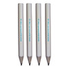 Four grey-lead pencils with white shafts and branding on the side.