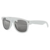 White sunglasses with dark grey lenses, featuring a branding logo on the side.