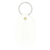 A white oval keychain featuring a silver keyring and a decorative brass eyelet.