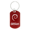 A red dog tag keychain featuring a circular logo and the word "debian".
