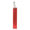A drink bottle opener in a sleek red finish with a metal loop for easy attachment.