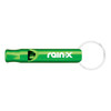 A green aluminium metal whistle keychain with a metal ring, featuring a logo on the side.