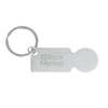 A silver keyring featuring a flat rectangular tag with a rounded end and a circular keyring attachment.