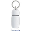 A white hotel keychain with a rounded design and silver keyring. It features a simple, sleek look.