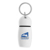 A white hotel keychain in the shape of a drink bottle with a keyring. It features a blue logo.
