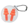 A silicone earplug keychain with bright orange earplugs inside a clear container. Features a metal chain.